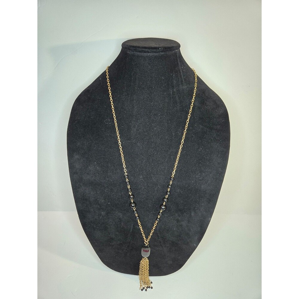 Gold Tone Long Necklace with Black Beads and Chain Tassel